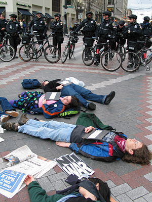 protesters and police